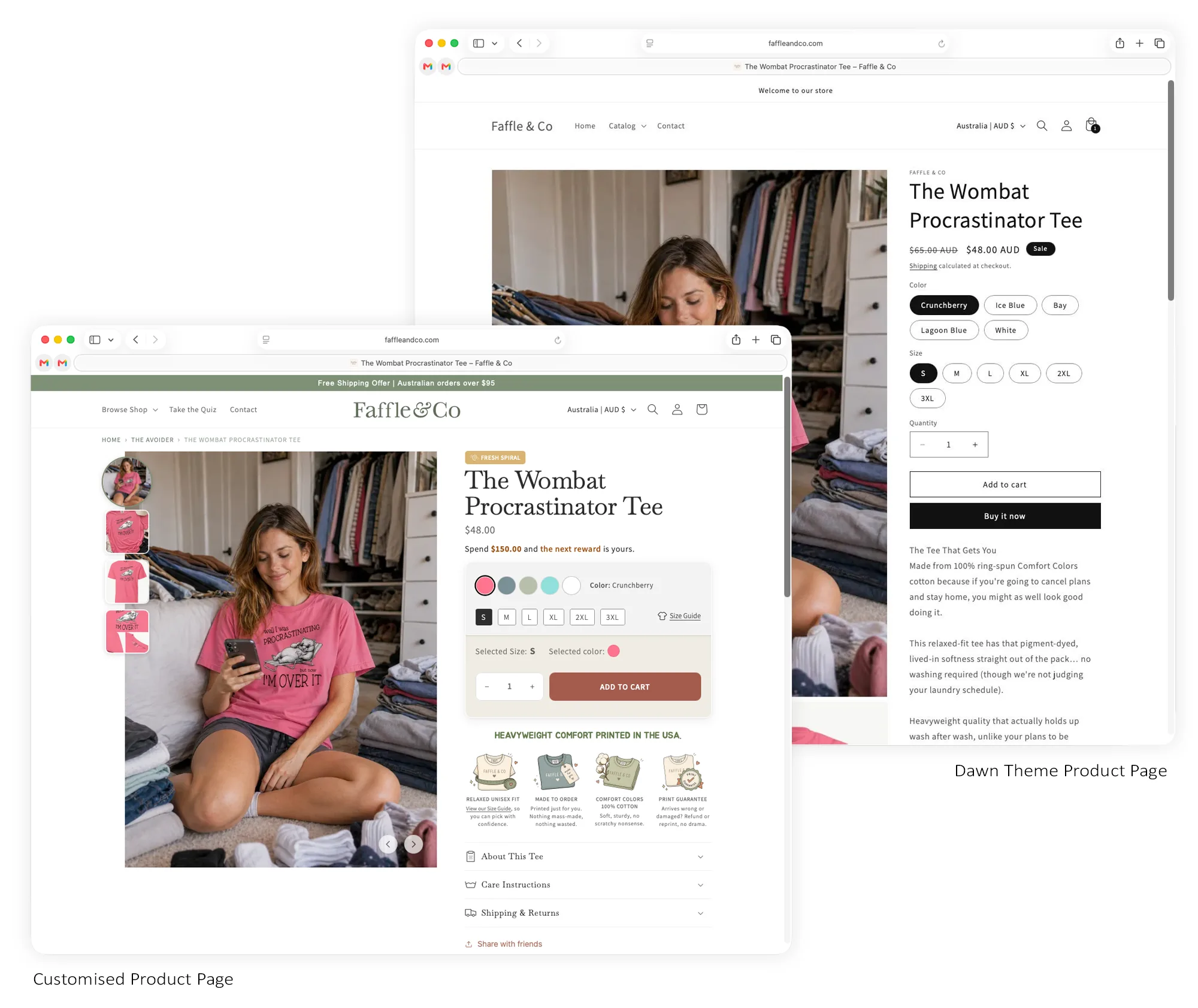 The product page, before and after customisation.