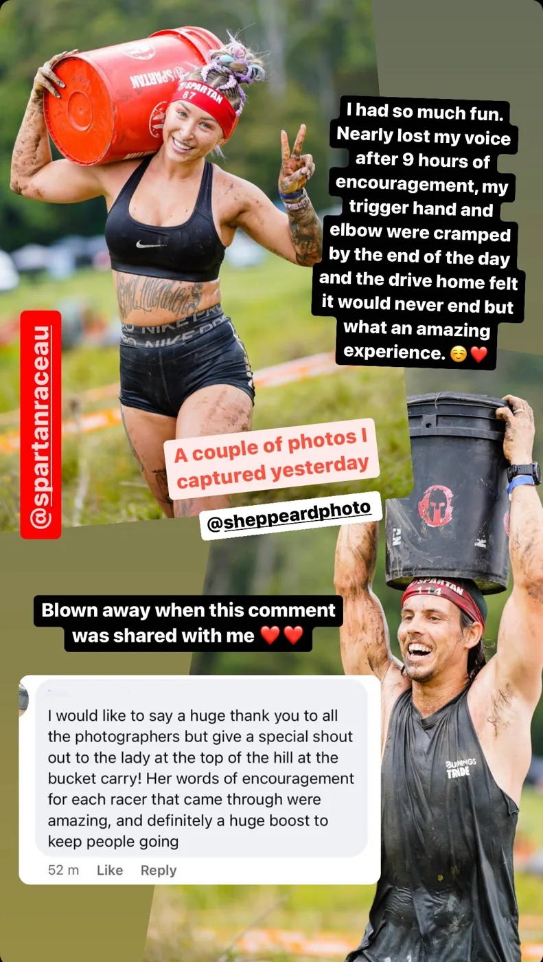 Zoe’s Instagram story after her first Spartan event, with two of her bucket carry photos