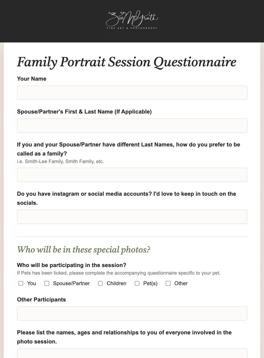 Family Portrait Session questionnaire