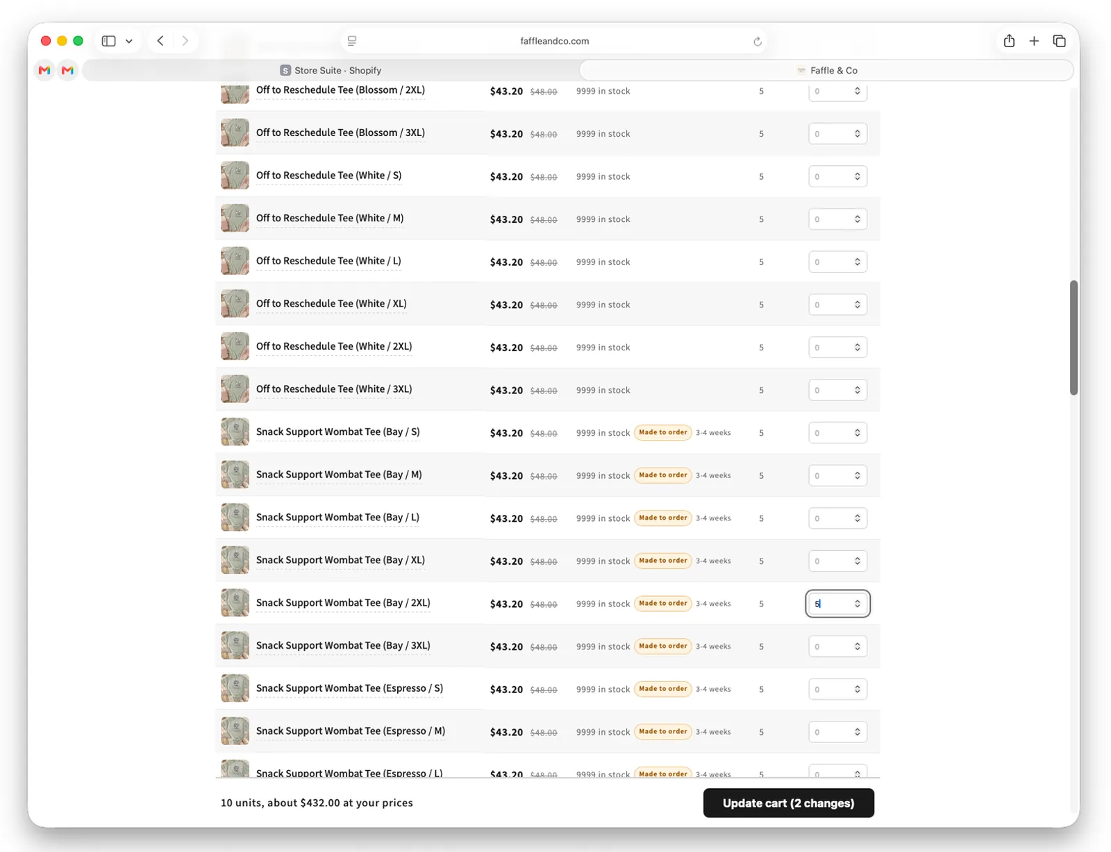 Quantities selected on quick order.